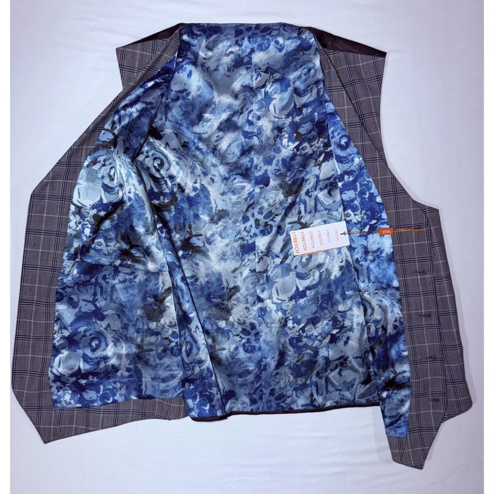 NWT Tallia Men Wool Blend Vest 46R Slim Lined Grey Blue Plaid Floral Back Fit - Picture 3 of 8